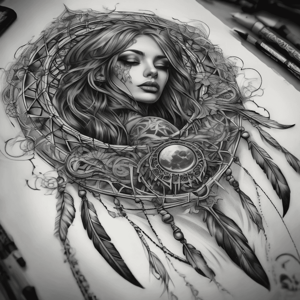 Prompt:A detailed full-arm sleeve tattoo design, dark ornamental mix style, black and grey shading. Top section on shoulder: a large crescent moon dreamcatcher with intricate lace patterns inside the net, surrounded by realistic dark gothic