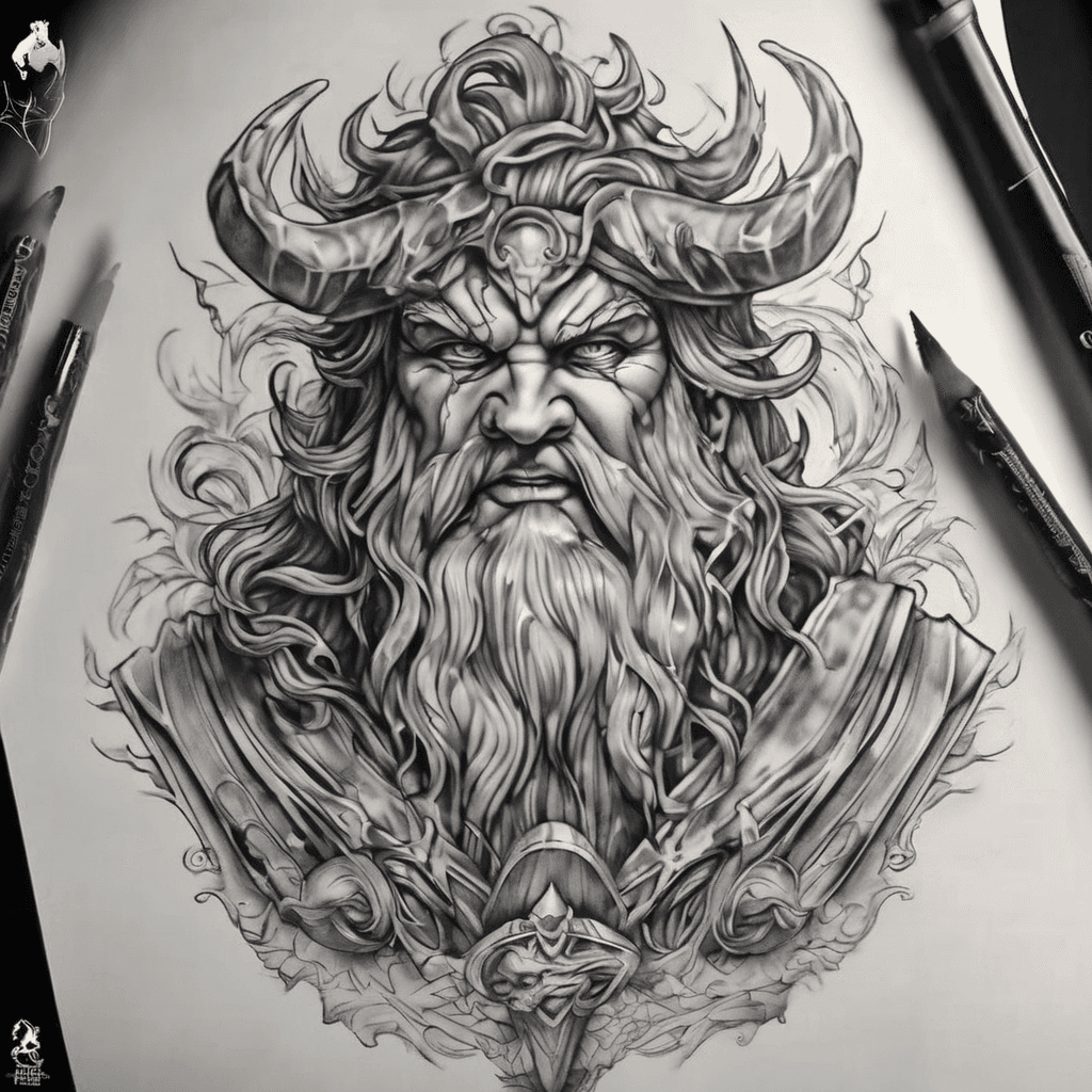 Crie uma tatuagem para a perna direita inteira com o tema deuses gregos realistas, de baixo para cima, Hades, Poseidon e Zeus, adicione elementos relacionados a cada Deus.