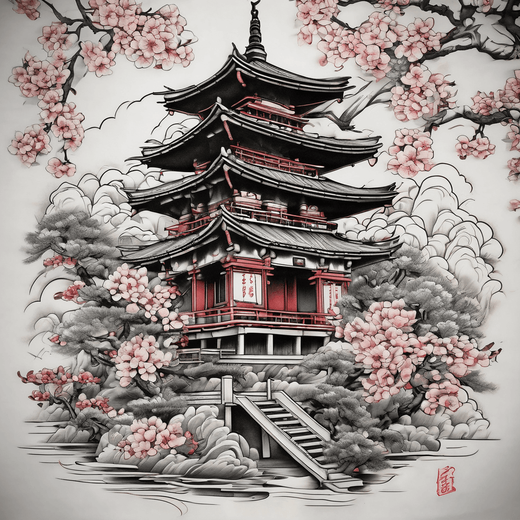 Japanese temple, sun, walking samuari with hat, cherry blossom