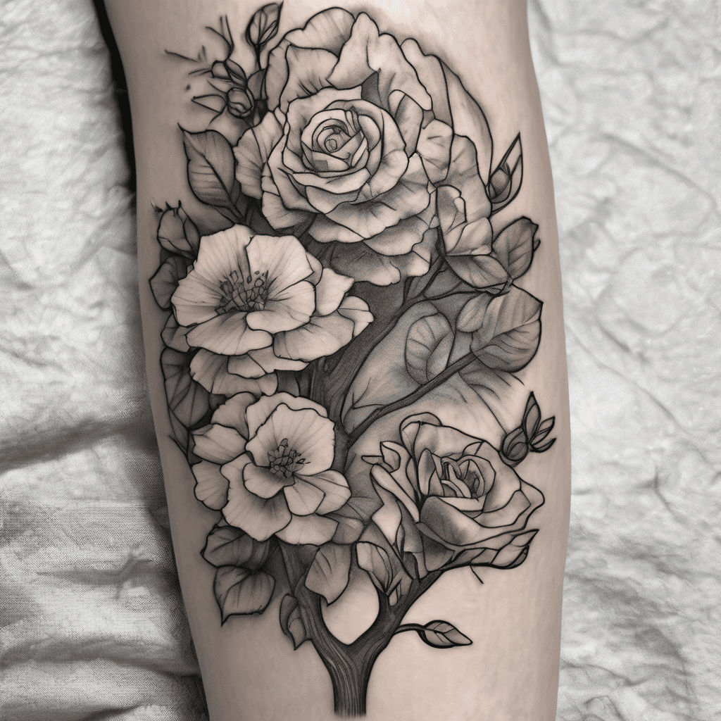 Cute blossom tree and roses with grandma on it and 12/09/25 on upper half arm