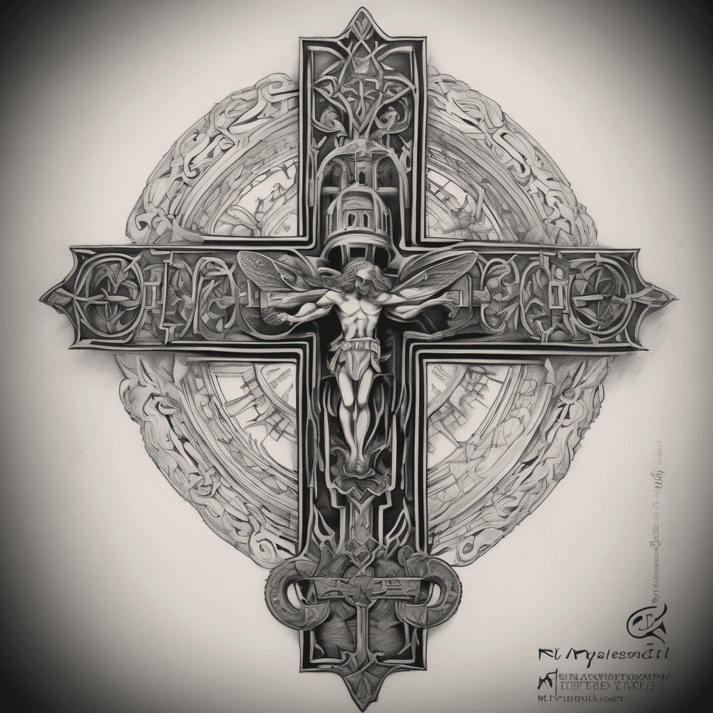 "A vertical tattoo design, blackwork engraving style. In the background, a prominent Byzantine Christian cross. In the exact center of the cross, a symmetrical bee inspired by the coat of arms of the Byzantine House of Melissenos. At the bottom of the cross, a detailed church bell. A sharp, dynamic lightning bolt emerges from inside the church bell, bursting downwards with high contrast and sharp zig-zag lines. Clean white background, flash tattoo sheet, high detail."