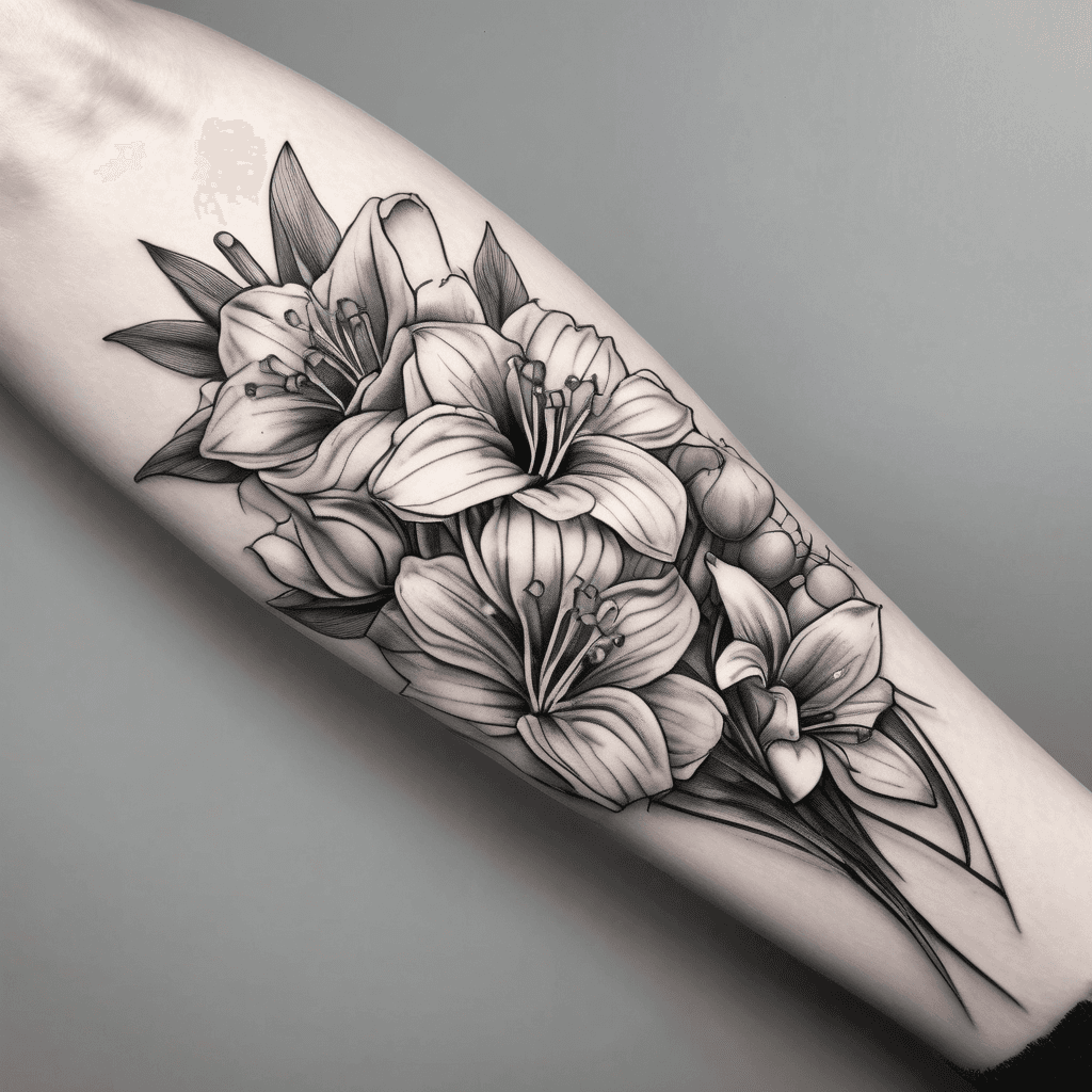 2 Lily of the Valley + 3 Violets + 1 Rose + 1 Chrysanthemum fine-line forearm bouquet forearm