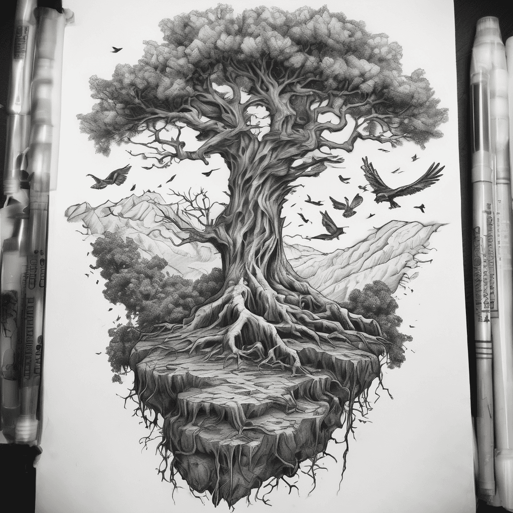 Poison tree tattoo with 7 birds flying away from the tree. I want the mountains to be bigger in the background. I want the tree to be a dead tree with no leaves. Under the tree, I want a semicolon that is surrounded by the tree roots, with the semicolon flipped upside down. I also want small pine trees in the background with grass behind the main poison tree. The pine trees should be small, as if they are about 2 miles away. The tattoo is for my forearm.