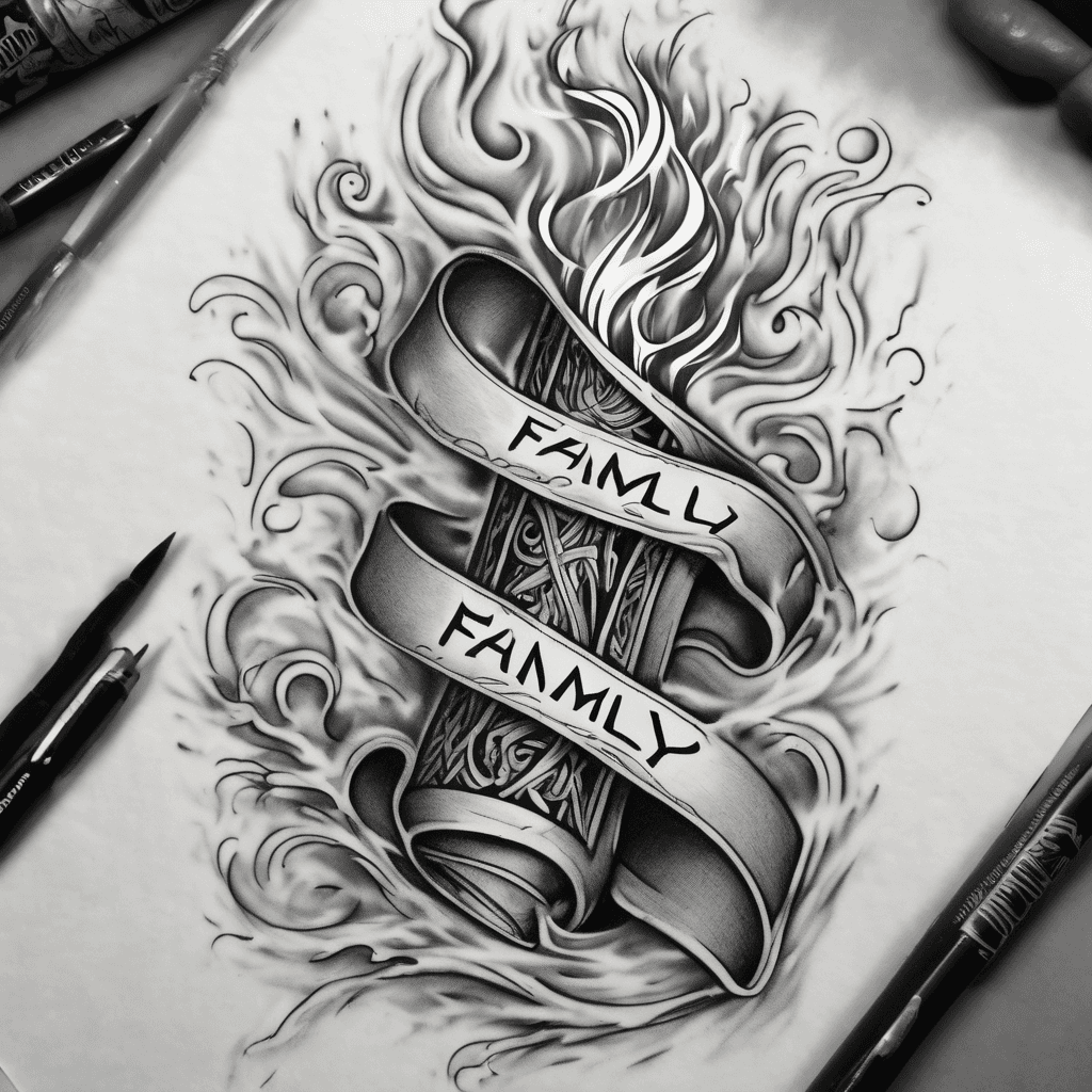 a burning scroll with the word Family going down the side Vertically next to the f put or. next to the a put ll. next to the m put y. next to the I put 'll. next to the l put ay. next to the y put ours