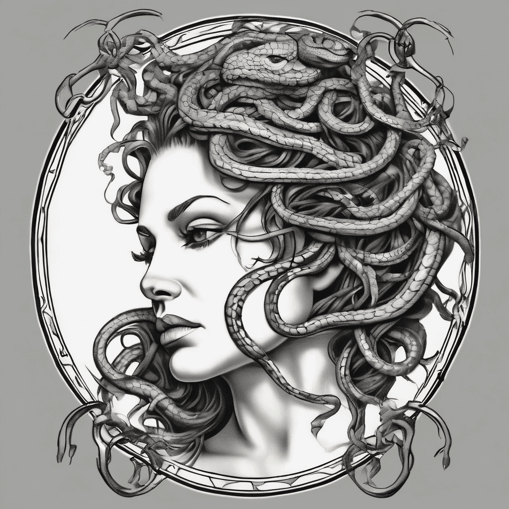 medusa’s face no tattoos with top of shoulders in a oval old fashioned frame with the snakes on her head coming out of the frame black and grey