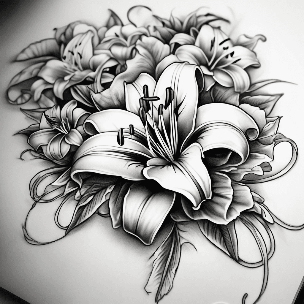 A beautiful tattoo design featuring the name "Lily Pilly Tatts " in elegant lettering with a tattoo machine and lily flowers