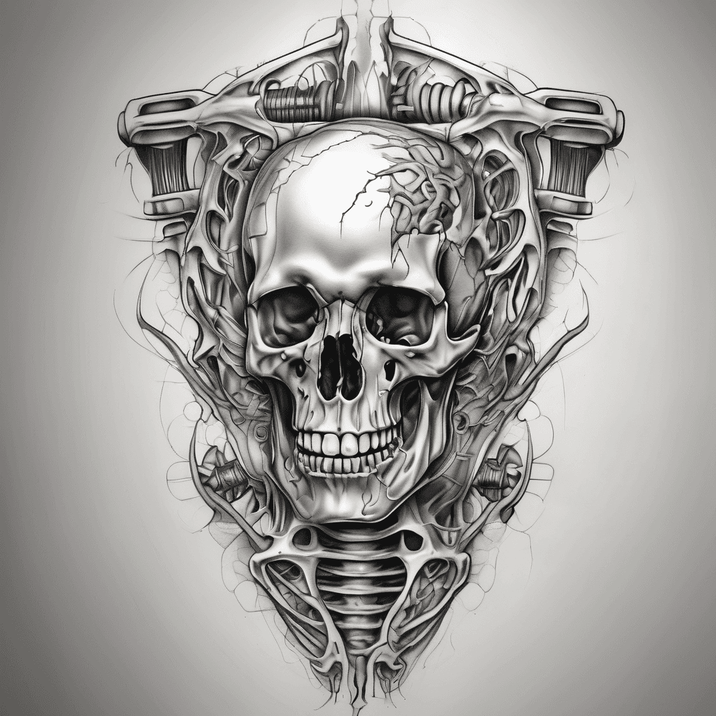 Realistic 3d vertebrae looking shin bone, with mechanisms and torn flesh tattoo for front of a leg