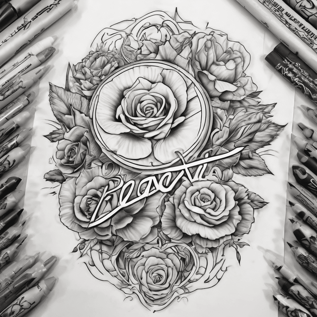 A beautiful tattoo design featuring the name "Reva, Brandon, Justin, BB, Nevaeh, Alex, Brooklyn, Jayce, Lukah, Kyler, Leon, Azalia " in elegant lettering