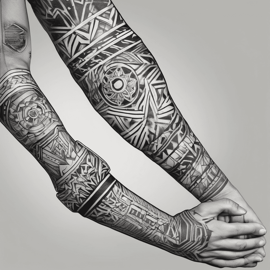 Create a masculine stencil Filipino-inspired 1/4 forearm tattoo starting just below the elbow bone and flowing toward the wrist. Keep it simple, clean, and meaningful—not a full sleeve. Use minimal Filipino indigenous-inspired geometric patterns, clean lines, subtle curves, and plenty of negative space. Include a small Filipino sun representing strength, guidance, and hope. Add one subtle sampaguita flower representing family, resilience, and Filipino heritage.