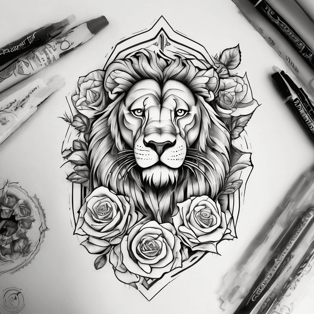 Make me a half sleeve of the scripture Romans 14 11 and make it have a lion and an rose