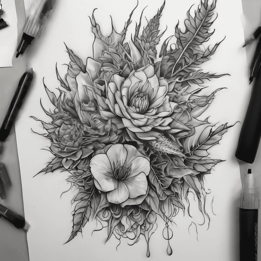 Cybersigilism style tattoo from shoulder down to elbow. Flowing down organically like plants (but not). Not aggressively spikey, some fine line is okay but enough space in between to age well. Male.