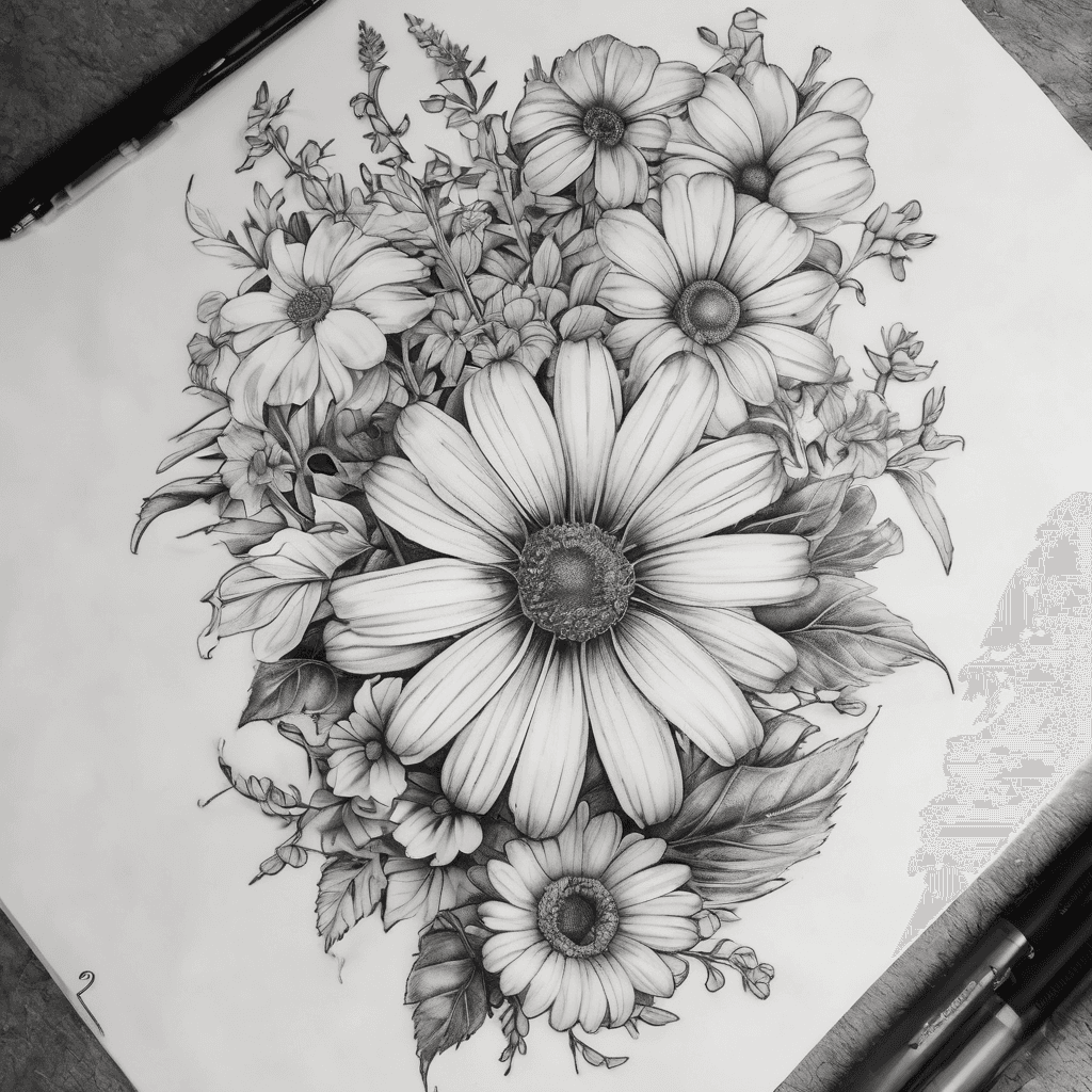 I want a tattoo that can wrap around my forearm. I want it to have 2 types of flowers and those types are, Daisy's and Larkspurs. I want a few of each flower on a simple vine with leaves. I want the tattoo to be detailed but not super detailed.