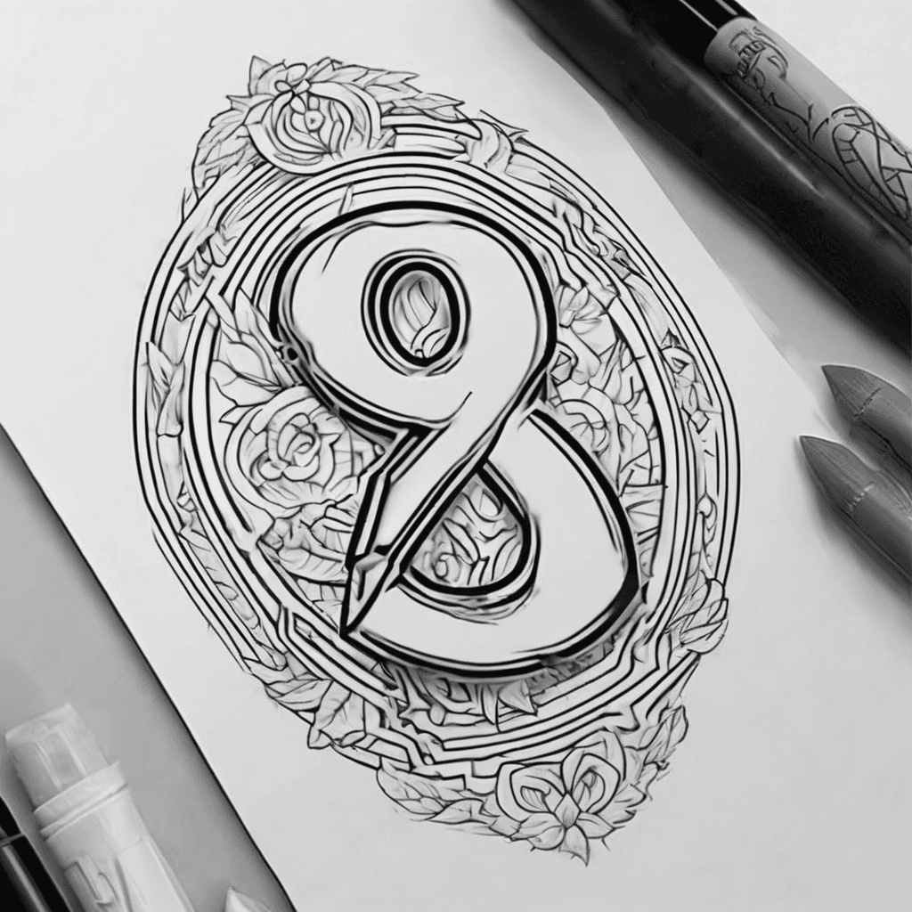 Number 9 with Troy through it. Simple,soft and feminine design