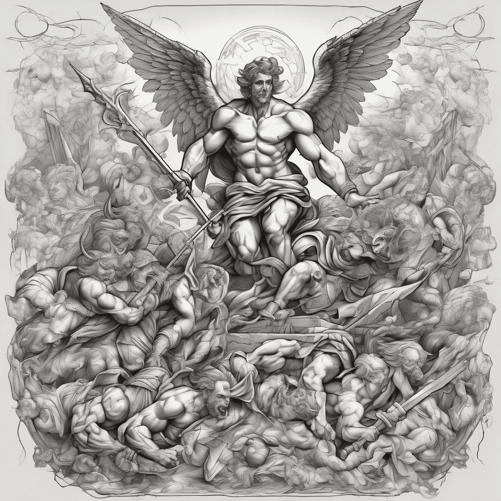A battle scene with angels and demons. Include David and Goliath. Lightning in the background