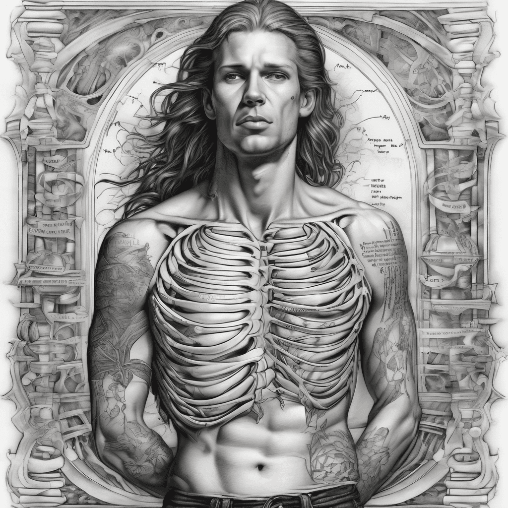 Scripture quoted style on ribs saying. Your pain is the breaking of the shell that encloses your understanding. It is the bitter potion in which the physician within you heals your sick self. Therefore, trust the physician and drink his remedy in silence and tranquility