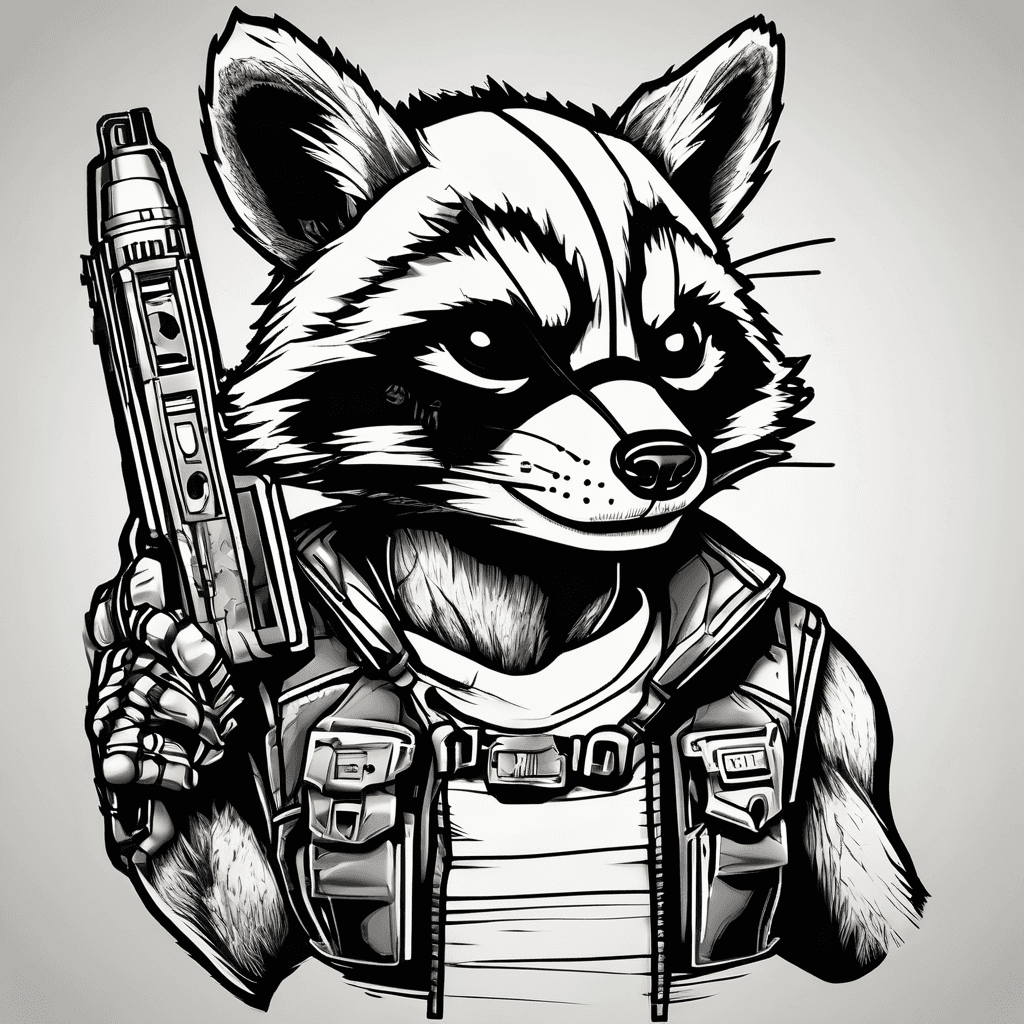 Rocket raccoon hanging from cassette tape ribbon with his gun drawn