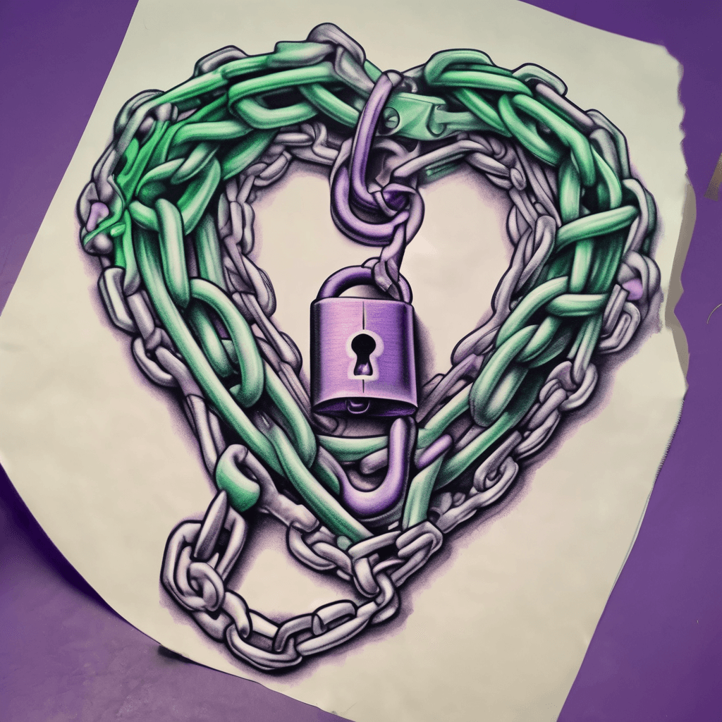 endless chain in a mixture of purple and light green starting at the mid calf to the top of the foot and wrapping around the leg and ankle. A heart shaped lock connected to the top of the chain with a broken key at the bottom of the chain