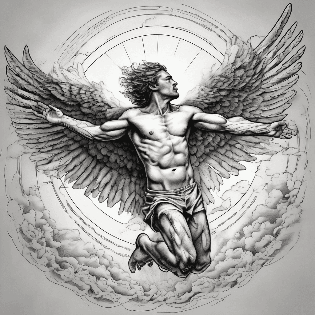 A tattoo of icarus falling to his demise. Wings spread wide and him trying to still reach out to sun with one of his hands. The sun's rays caressing his wings slowly melting them causing him to fall.