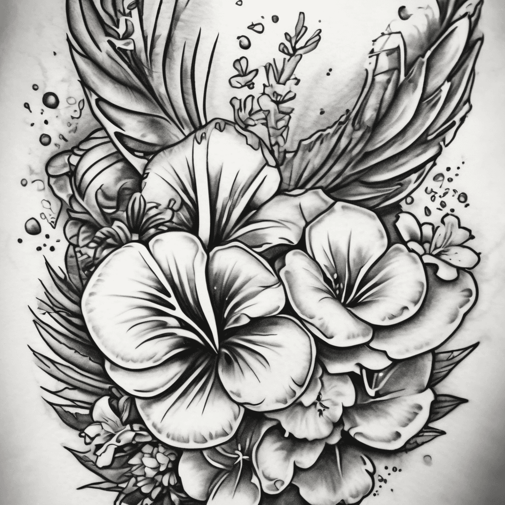 Create an arm sleeve tattoo with Lilo, stitch, angel, Scrump, and the word OHANA with the Hawaiian flower done with a watercolor style
