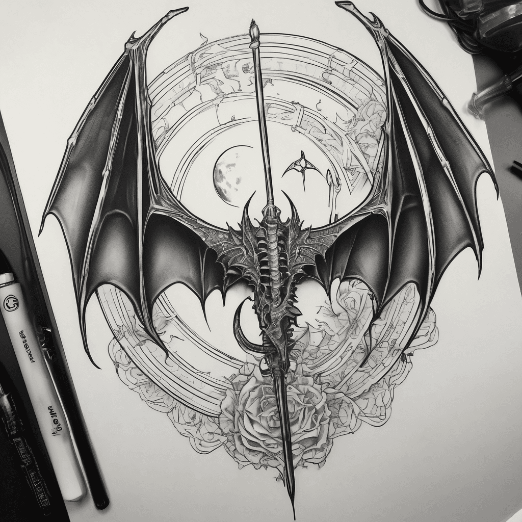 Tattoo Stencil: Large bat wings on a medical staff, dragon spiraling up staff. Sun symbol on left side of staff and a moon symbol of the right side. Black clean linework, smooth shading. Cybersigilism style.