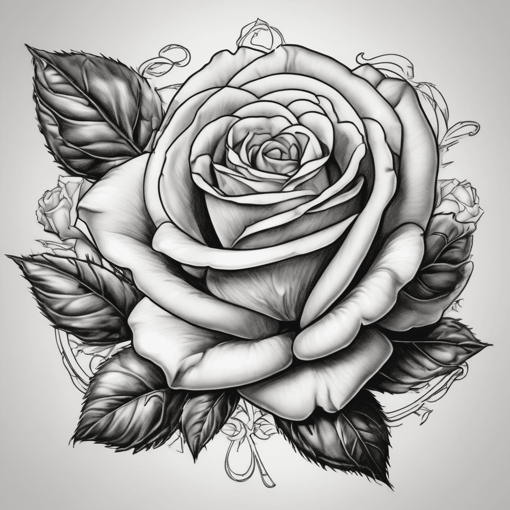 "A hyper-realistic blooming rose with a detailed stem and leaves, designed as a custom tattoo. A delicate, flowing ribbon or banner gracefully wraps around the stem, featuring the elegant cursive script 'Ayla-Rose' and the Roman numerals 'X