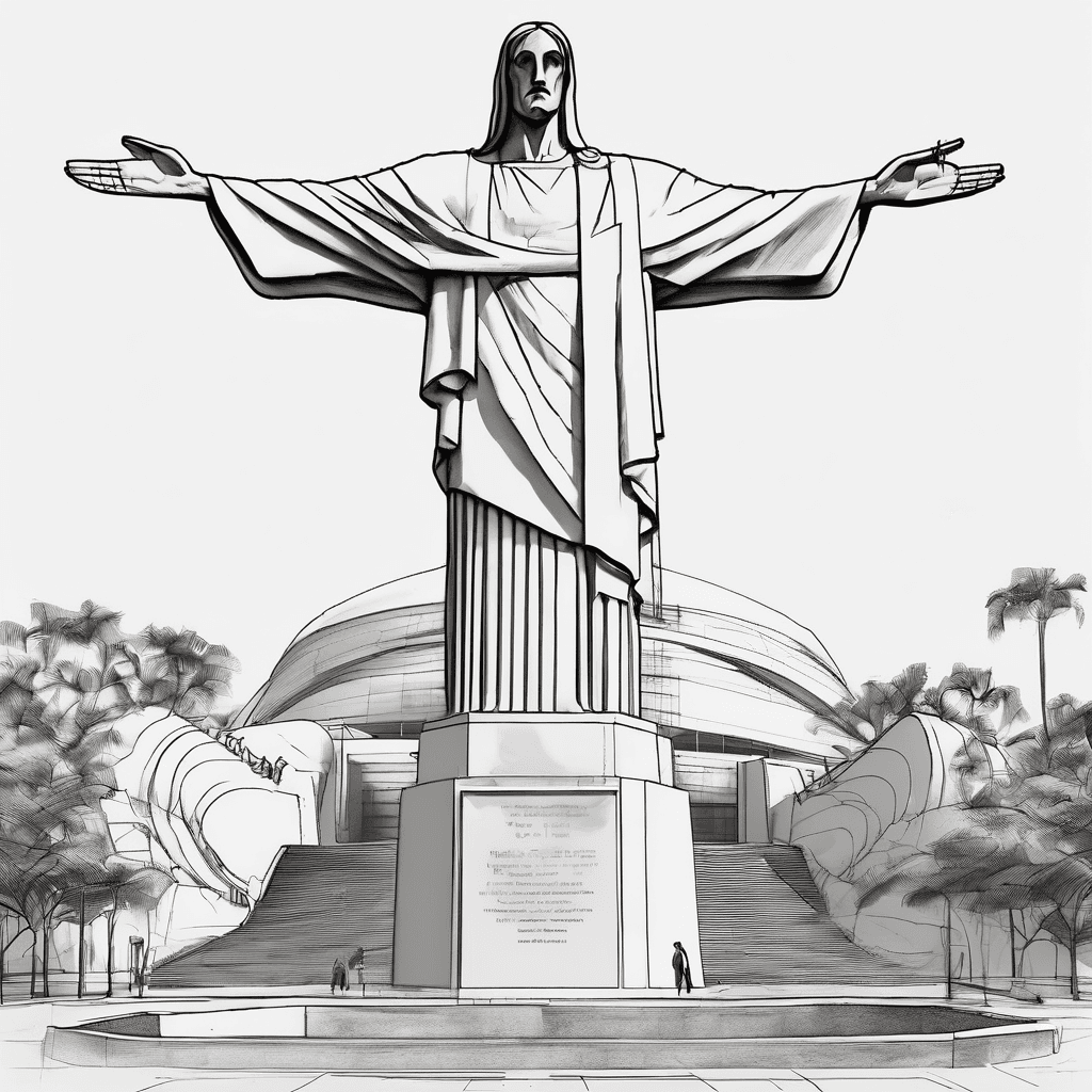 create a design sketch like a tattoo drawing as a straight line comprising the museum of modern art in Niteroi, rio de janeiro, brazil, the cathedral of Brasilia, in brazil, the molly Malone statue in Dublin, Ireland, the christ redeemer in rio de janeiro, brazil, the palais de i'lle in Annecy, France, the Eiffel tower in paris france, the university library bell tower in leuven, belguim, the maracana stadium in rio de janeiro brazil, the preston corner tower clock in cary, north carolina, usa