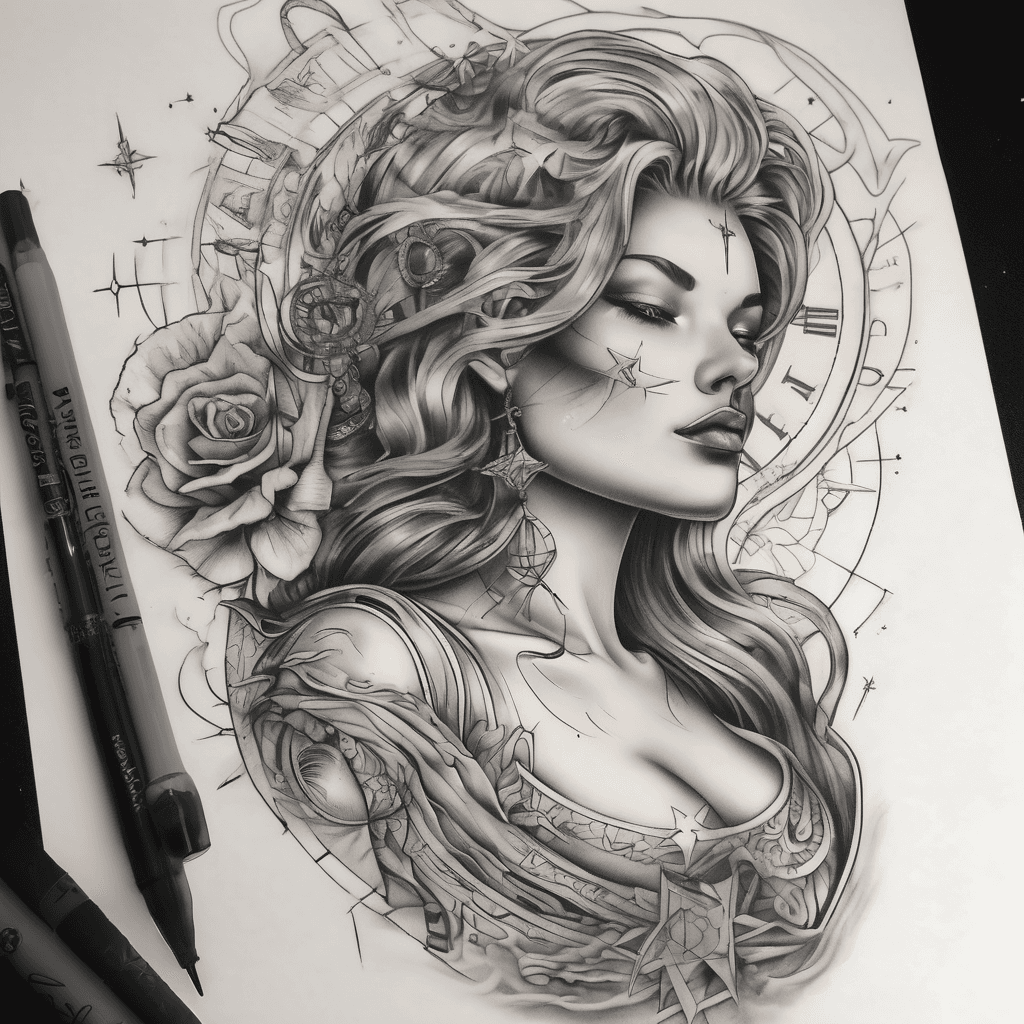 Elegant black & grey tattoo: female bust facing inward, delicate staircase, mysterious compass, soft clouds, stars and stardust connecting the elements. Fine lines, soft shading, light and emotional