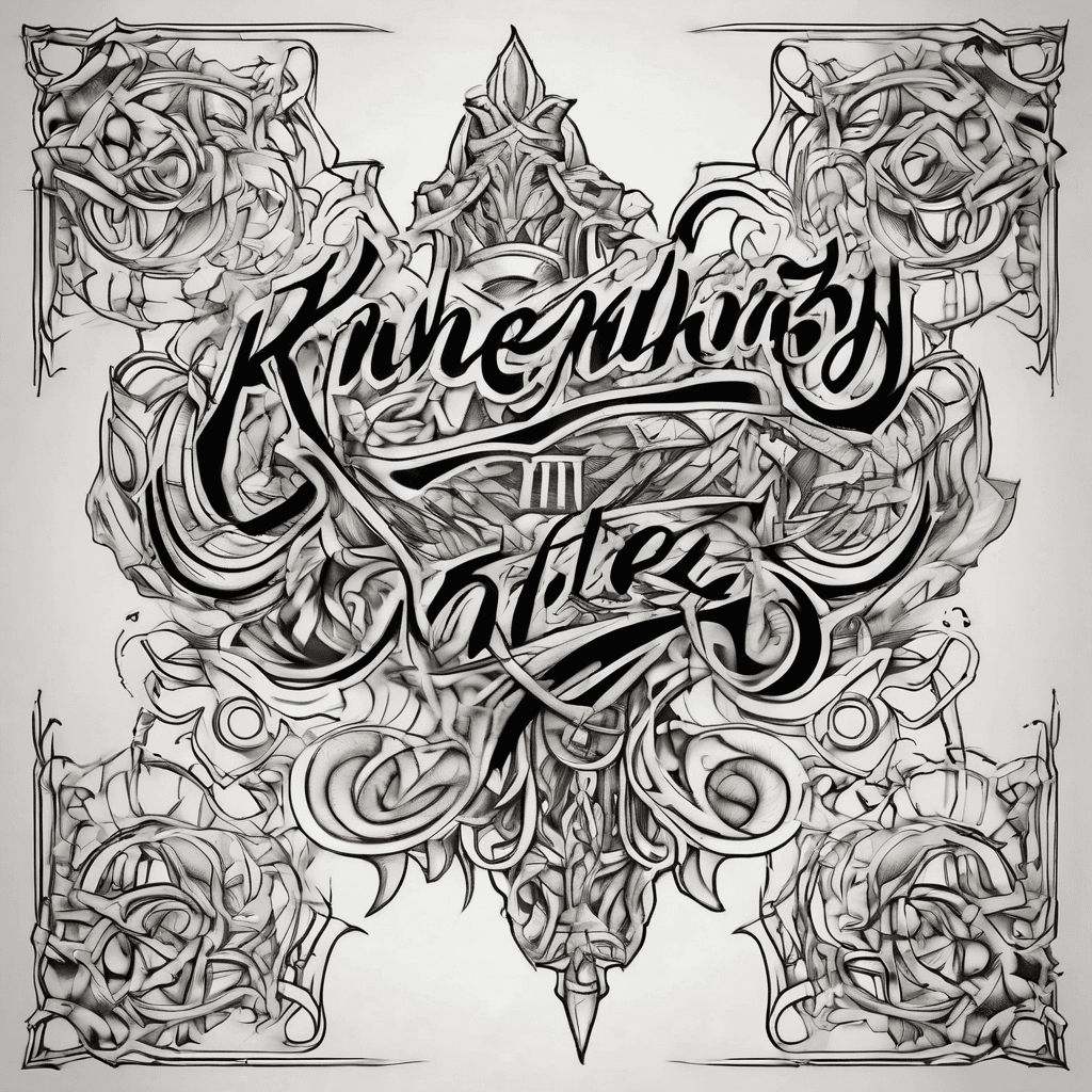 A mans tattoo design featuring the name "Kimberly" in elegant lettering