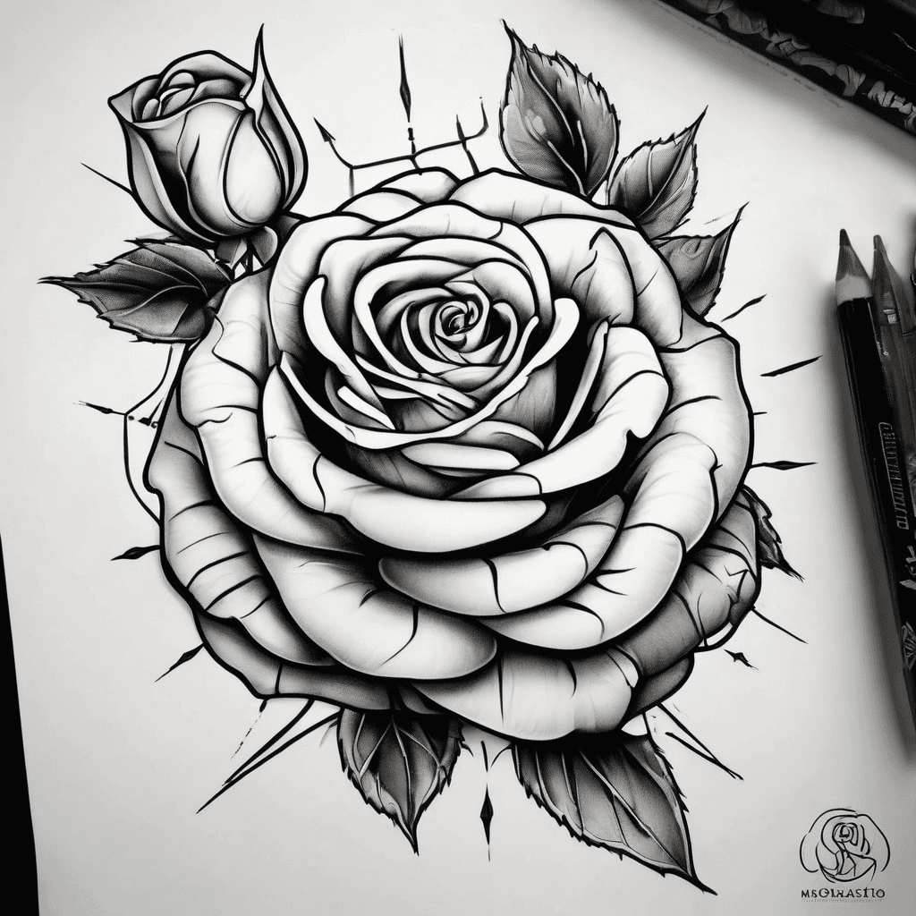 A rose tattoo design featuring the name "Maya" in elegant lettering as the stem of the rose