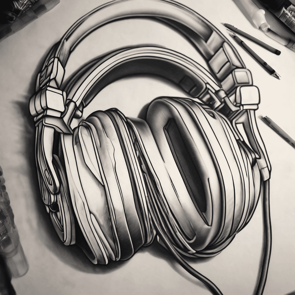 a pair of audio technica headphones with no logo, with the inner part of the headphones, the cans, facing towards the viewer in the style of a tattoo, with the wire coiling down