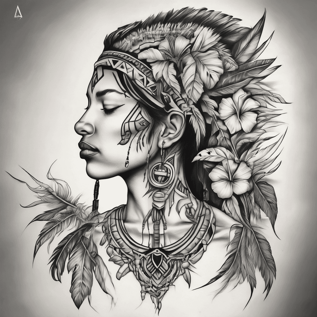 Left neck tattoo , Jamaican , gistxan ( kispiox indigenous ) , wolf clan , motherhood, sons, hibiscus , tapered feathers/medicine wheel , “ the roots of my heart “