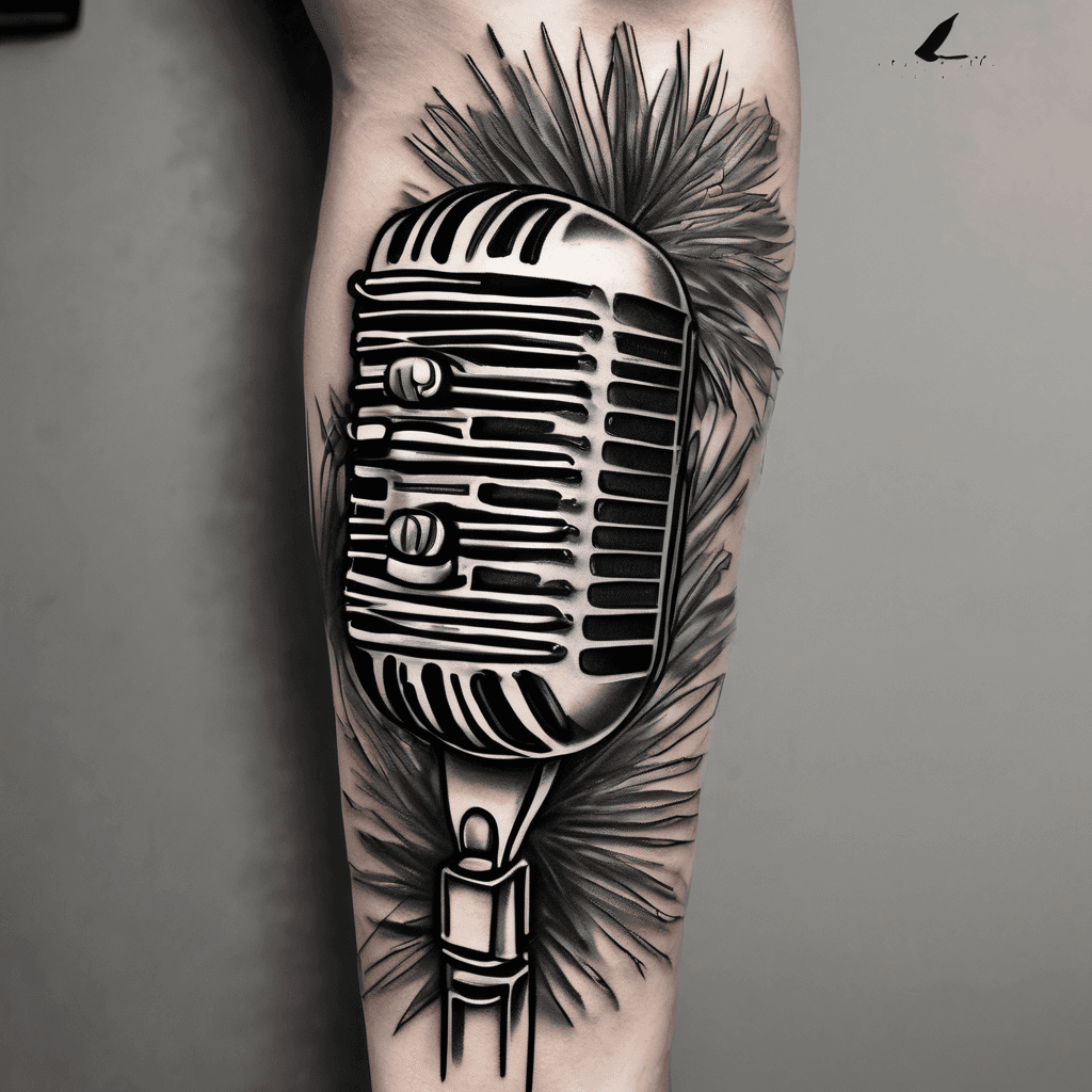 Vintage microphone and palm tress with musical notes as birds placed on the inner arm black and white and the skin should be the background