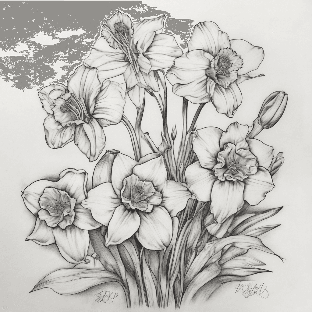 four flowers with different dates integrated into the stems. primrose, daffodil, lily, and poppy. primrose has date 2/13/1990, daffodil has date 10/29/1993, lily has date 5/22/1995 and poppy has date 8/24/2005, wrapped in red bow, family in cursive