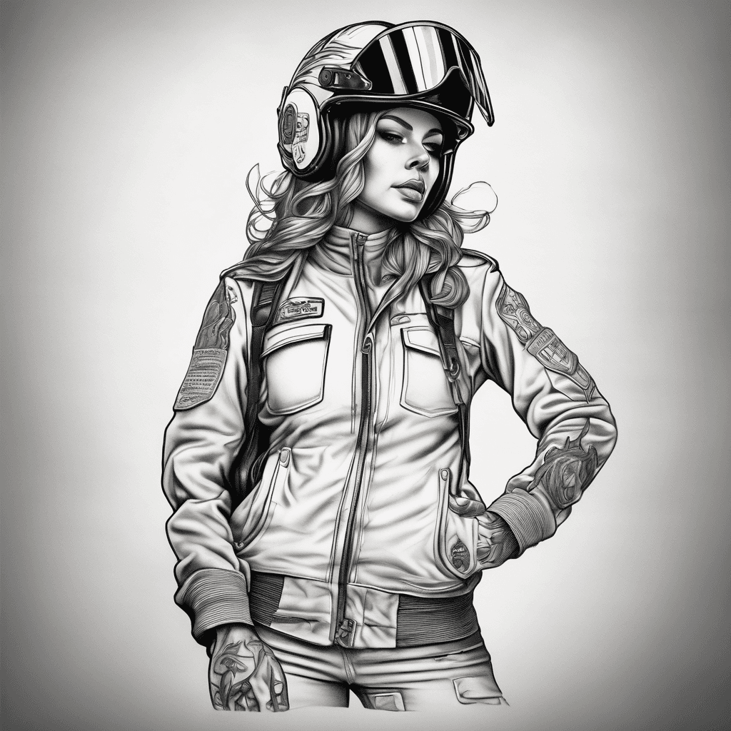 femme en tenue de pompier casques F1 sans la veste de feu et le pantalon un peu descendu et en sous-vêtement avec des flammes et quelle est des tatouage en noir et blanc
