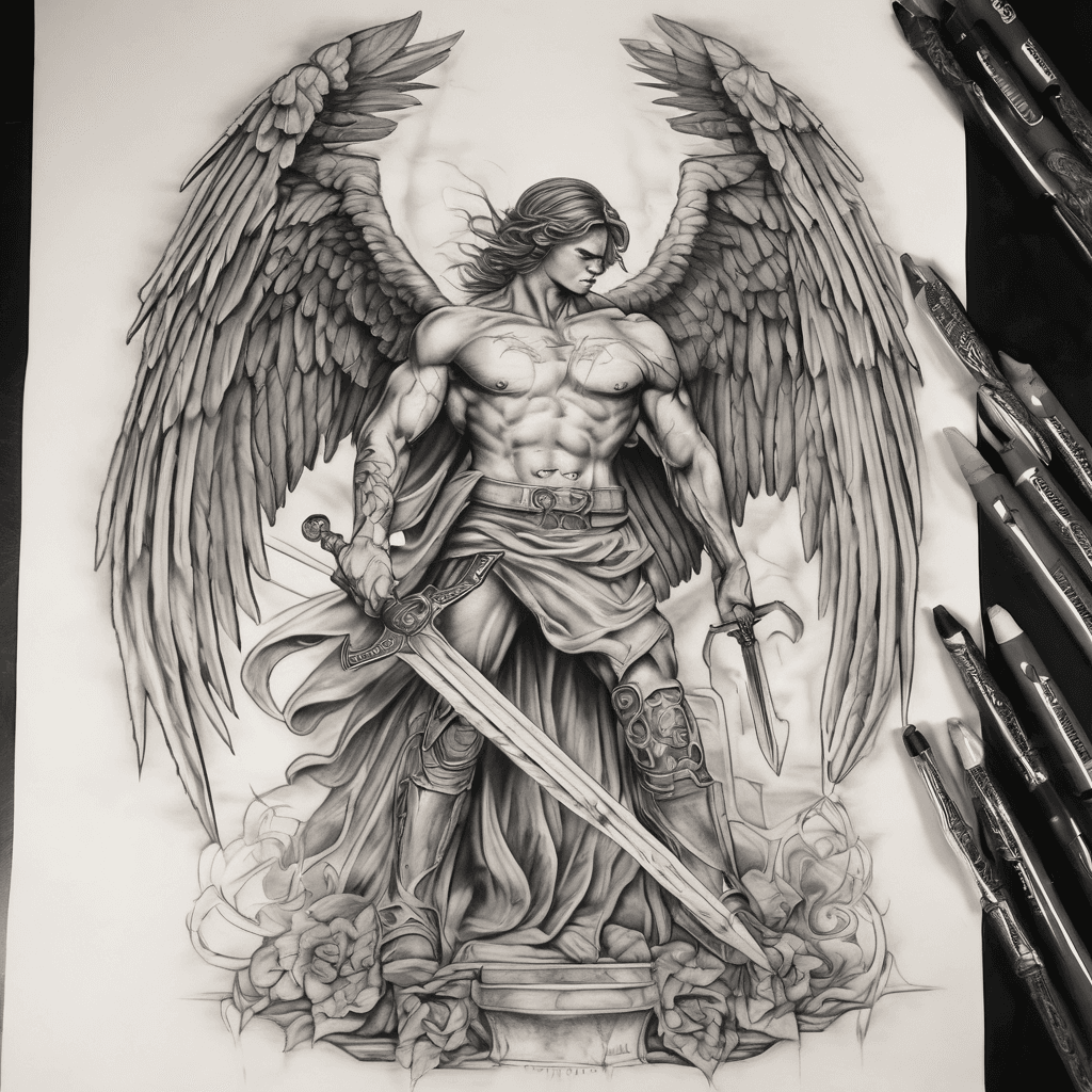 Want a tattoo of arch angel Michael stabbing a demon with a sword, on the sword is my kids names Kaiden and raelynn, the sun has their bdays 6-15-17 and 6-23-24