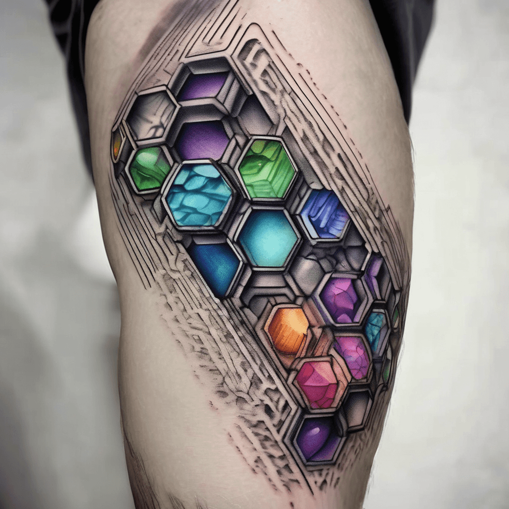 Honeycomb with shading and gradient with 3 colored combs representing birthstones of kids. Tattoo starting on side of left upper arm and down to the mid forearm