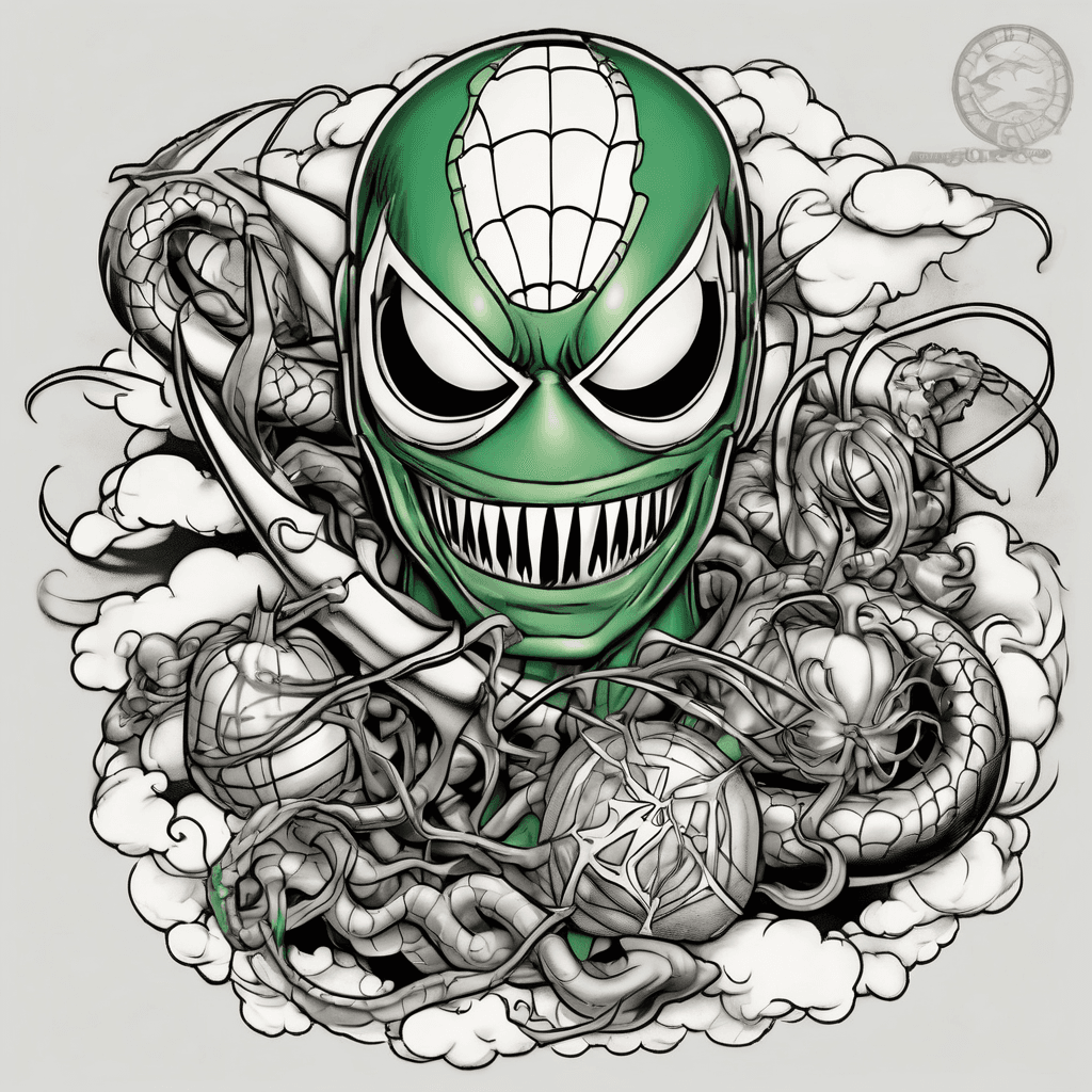 American traditional tattoo flash of a cartoon fight cloud. Emerging from the cloud: a green metallic Green Goblin helmet holding an orange pumpkin bomb, silver Doc Ock tentacles, a black Venom jaw with a red tongue, and Spiderman