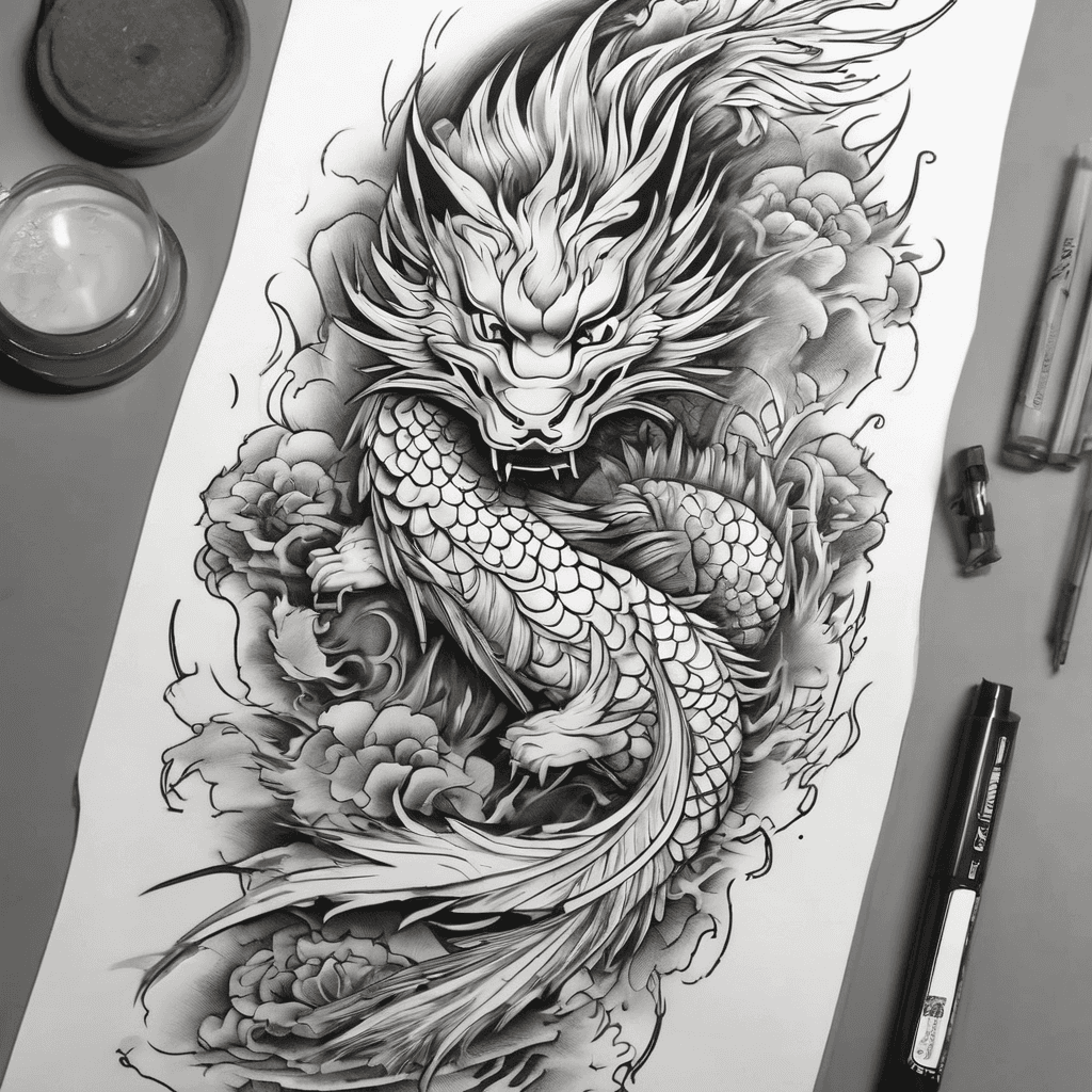 make a design for wraparound forearm tattoo. the design contains phoenix feather, kitsune mask with samurai and a koi fish. design should be black and grey with hint of red.