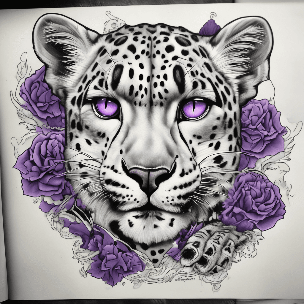 snow leopard with purple eyes, with night sky, soccer somehow included (goalkeeper), 4 dog paws with names of Bailey, Oreo, Greg, and Doug (one in each)