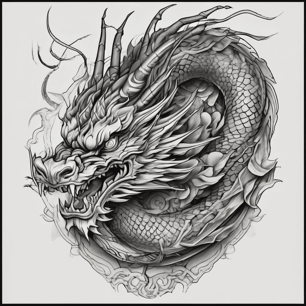 A traditional Japanese dragon where the railroad ends at the elbow and the head ends at the top of the shoulder