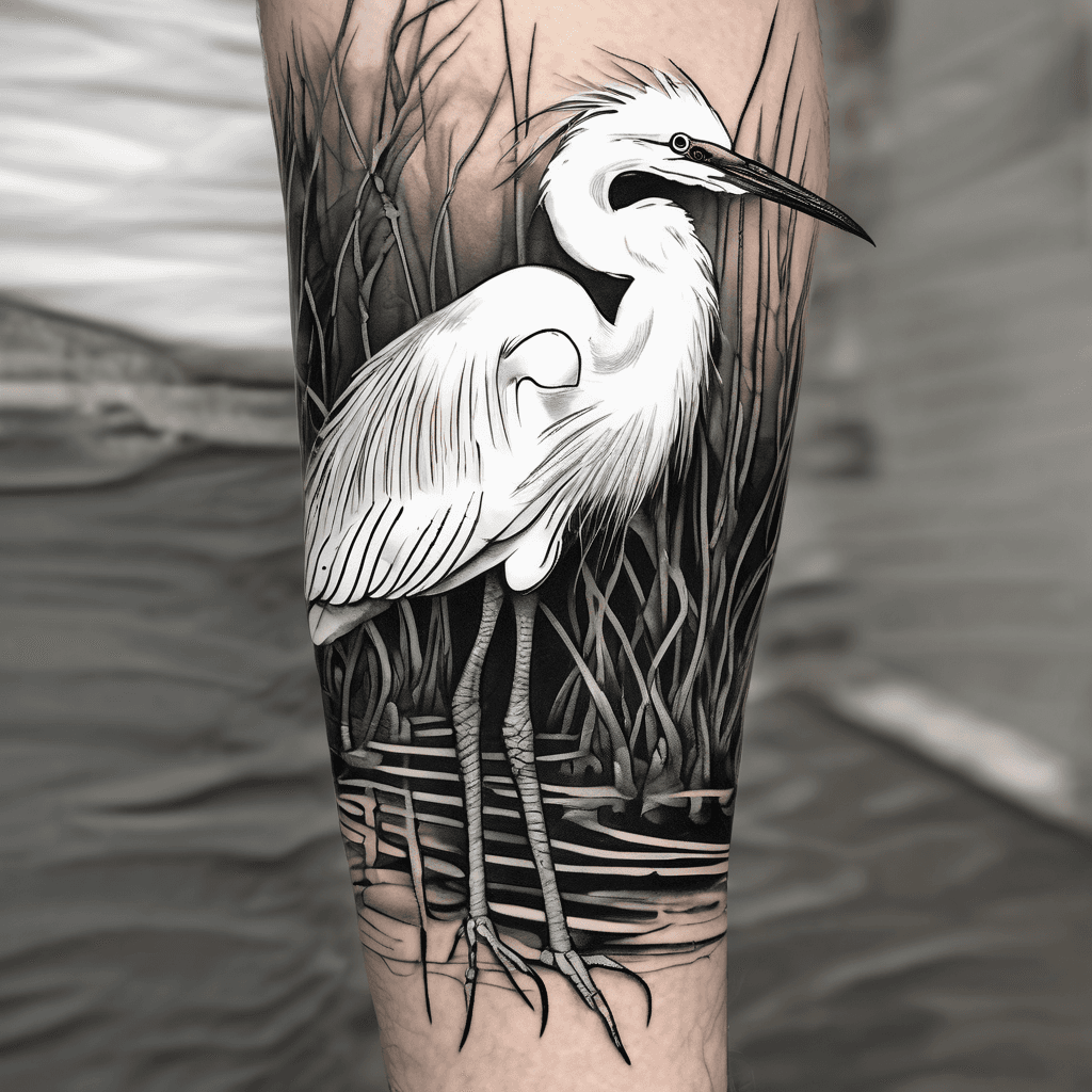 black and grey/white inner forearm format tattoo of a Florida egret bird in a mangrove setting with the roots going into the water