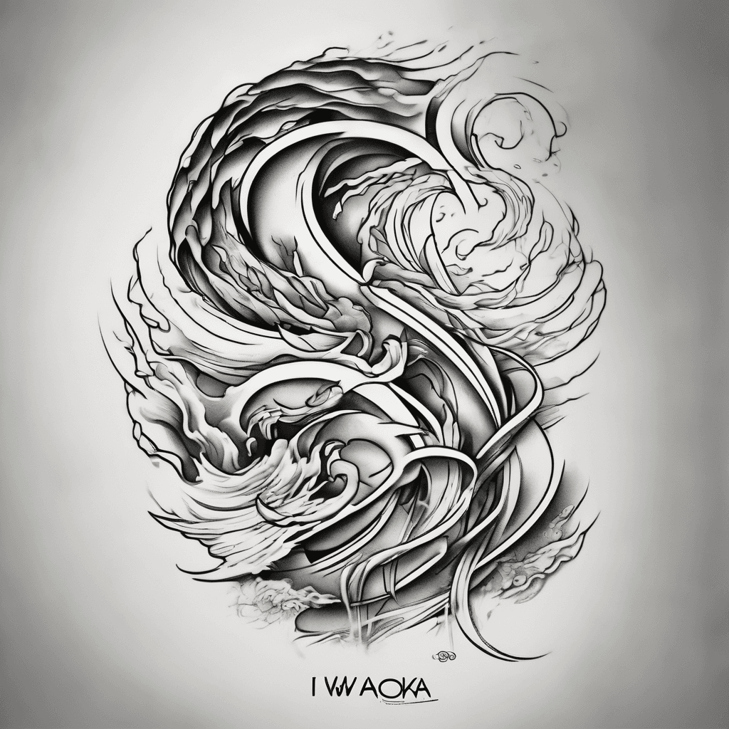 A beautiful tattoo design featuring the name "IWAOKA" in elegant lettering with a Japanese wave theme