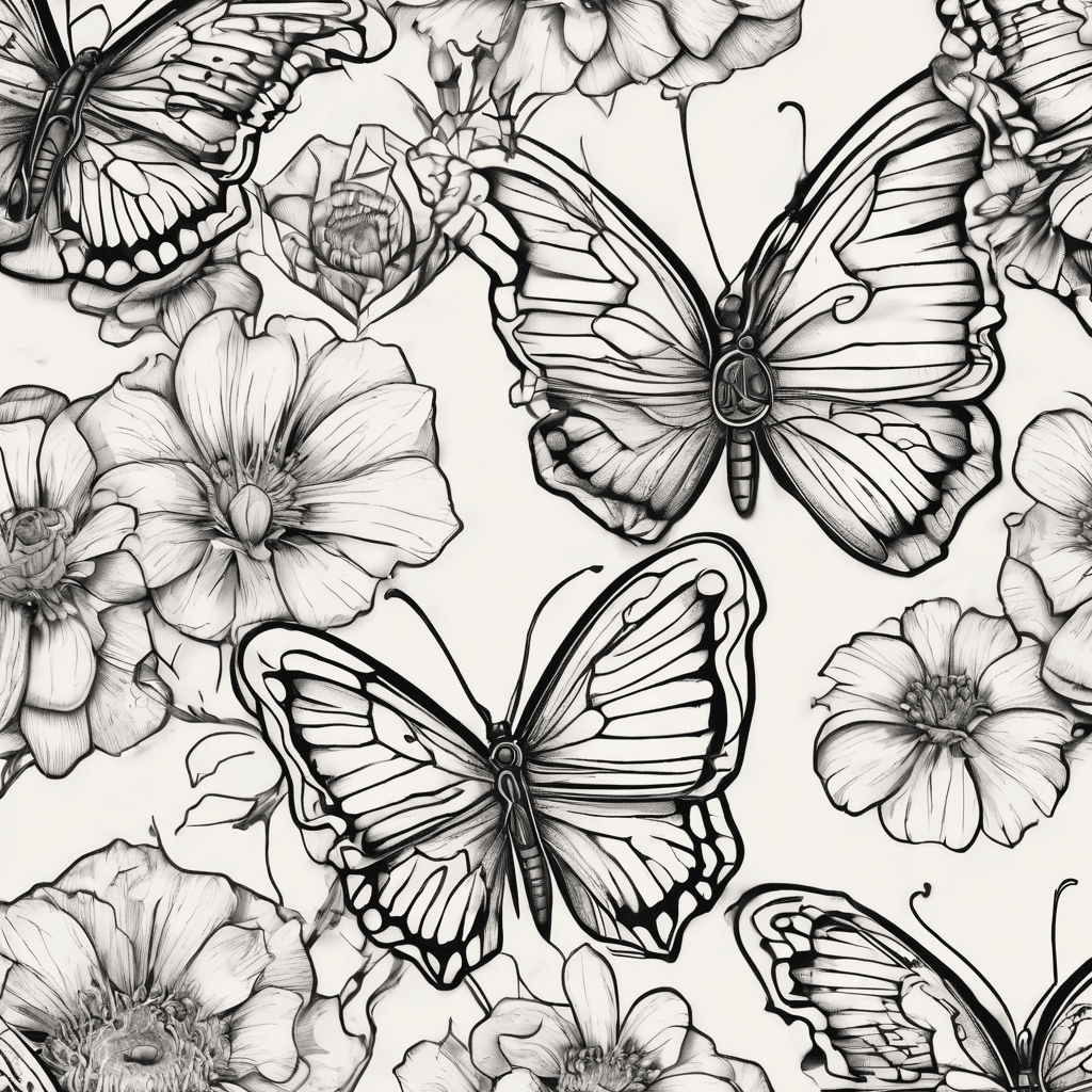 Fine line butterflies and a few flowers with the name john thomas