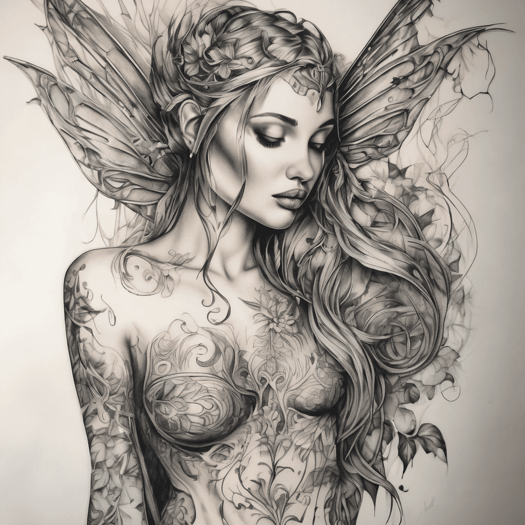 17. SPINE: "The Sensual Enchantress Fairy"
Fine line and watercolor flowing tattoo flowing down the center of the spine from nape to tailbone.
Upper Section (Nape to Mid-Back):
Sensual, curvy fairy with beautiful, feminine face. Textured/