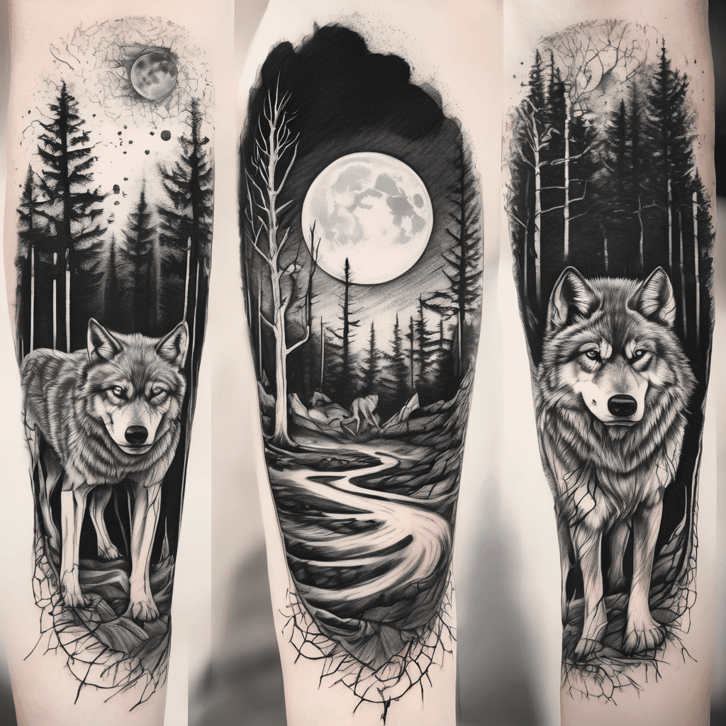 The sketch I would make is:
Full 360° forearm, elbow to wrist
Blood moon behind twisted, barren trees near the elbow
You + your partner as the two adult wolves
Three pups representing your children
Names incorporated subtly into the roots:
Callum — 13.02.13
Luci — 31.05.22
Rosie — 13.09.23
Cracked, barren ground running toward the wrist
Heavy black-and-grey, with controlled deep-red accents
No “victory” section or clean breakthrough — the landscape remains difficult and unfinished, representing still fighting through life
The roots connect the family together, symbolising that your family is what keeps you grounded
Designed as a tattoo stencil/concept sheet, rather than a photorealistic tattoo mock-up, so your artist can actually use the composition as a starting point.