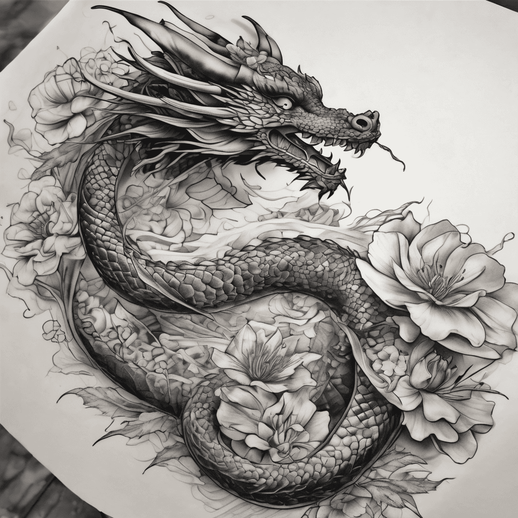 Black & grey Japanese-inspired full left sleeve: a slender serpentine dragon for Dad, lotus for Mum, Yorkshire rose for brothers, dragonfly for fiancé’s late mum, and fiancé’s eye hidden in foliage. Calm, flowing, open, natural wrap.