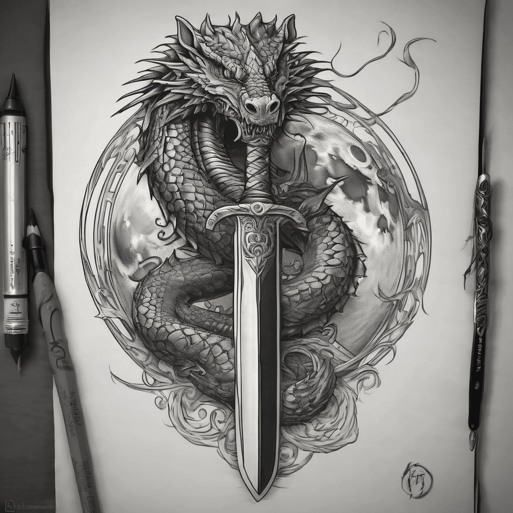 I have darkish brown skin, I want to have a tattoo I can place on my inner left forearm.
The image I want is a full moon with a sword going through it vertically, with a dragon coiling around the sword