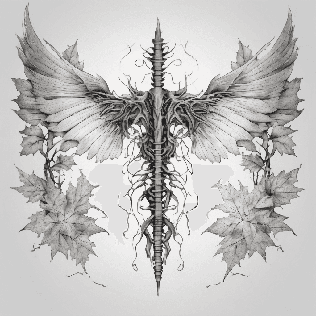 "A black and grey realism tattoo design isolated on a clean white background. The design features a symmetrical pair of large wings attached to a central human spine structure. The left wing is composed of detailed, layered autumn maple leaves and branches. The right wing transitions from the detailed vertebrae of a human spine into textured feathers. Fine line work, stipple shading, blackwork style, clean flash sheet design, no text, no human body, high contrast."