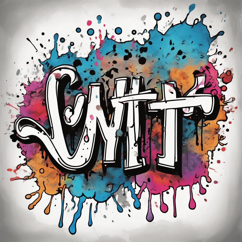 A tattoo design of the word "Wyatt" written in bold, bubble-style graffiti lettering with a thick black outline. Behind the name is a dynamic blast of vibrant watercolor paint splatters, sharp street-art drips, and subtle halftone dot patte