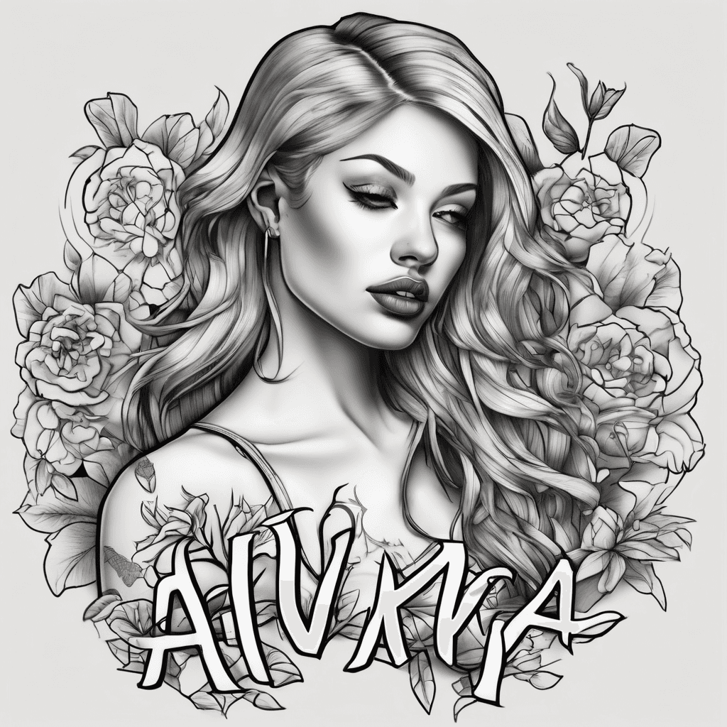 A tattoo concept featuring the name "Ava Kay" in Playfair Display lettering add unshaded flowers around the area